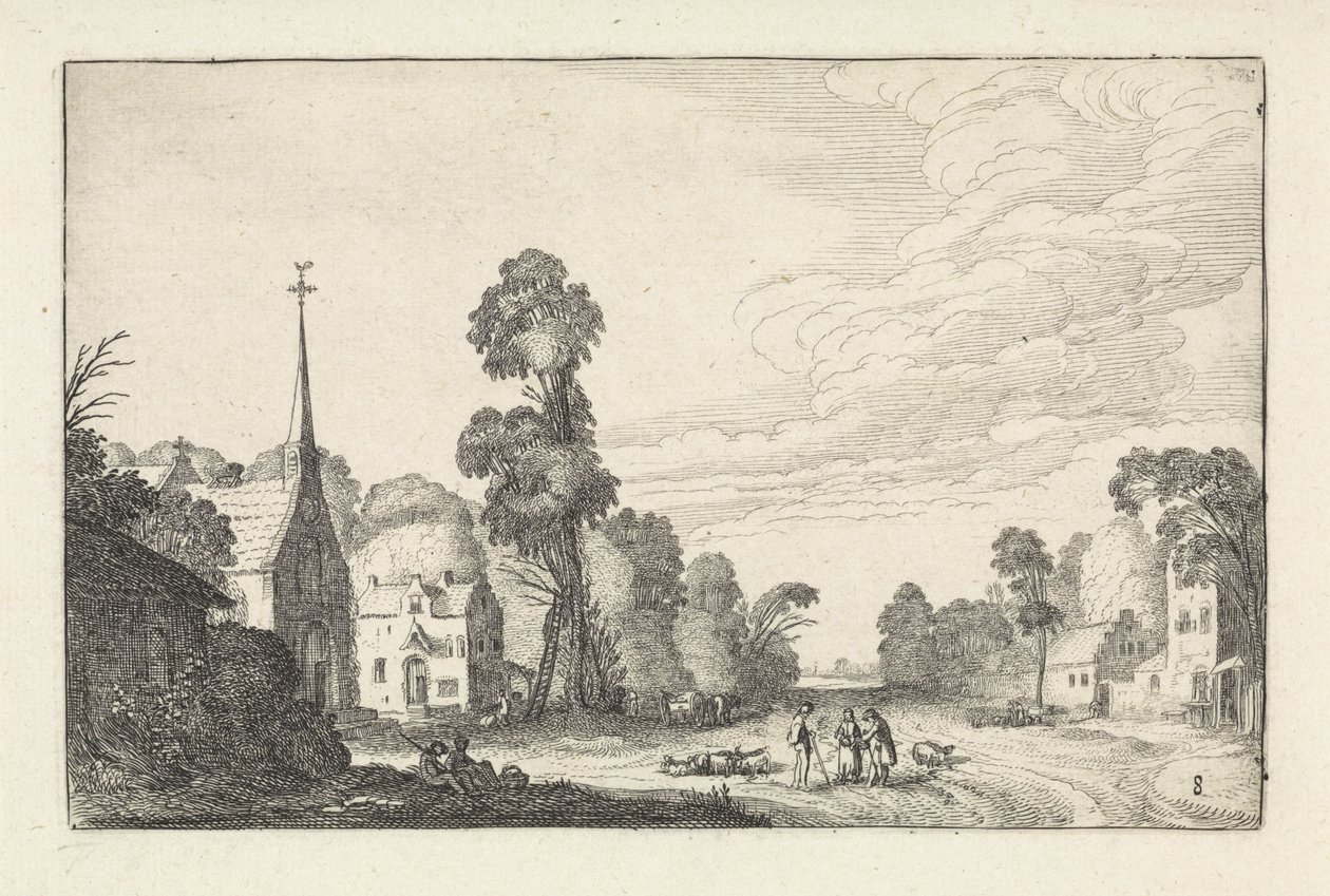 Figurer og kvæg i en landsby med en kirke Landskaber (serietitel) Amenissimae aliquot requculae (serietitel) af Jan van de Velde (II)
