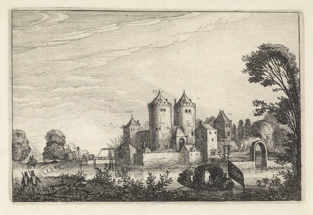 Figurer i en lystbåd på et slot Landskaber (serietitel) Amenissimae aliquot requculae (serietitel) af Jan van de Velde (II)