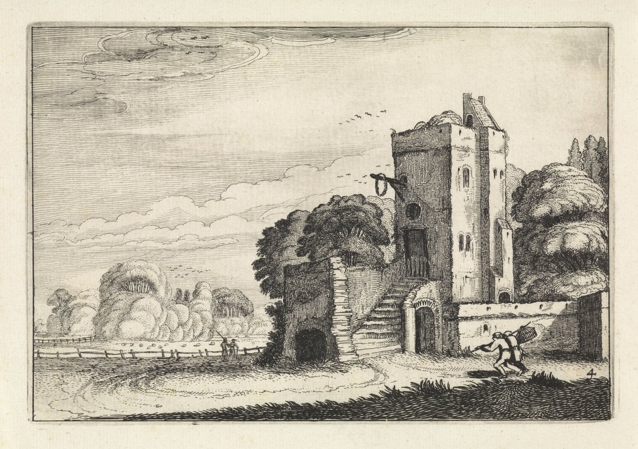 Figurer med en fuglekurv nær et tårn i et landskab Landskaber (serietitel) Amenissimae aliquot requculae (serietitel) af Jan van de Velde (II)