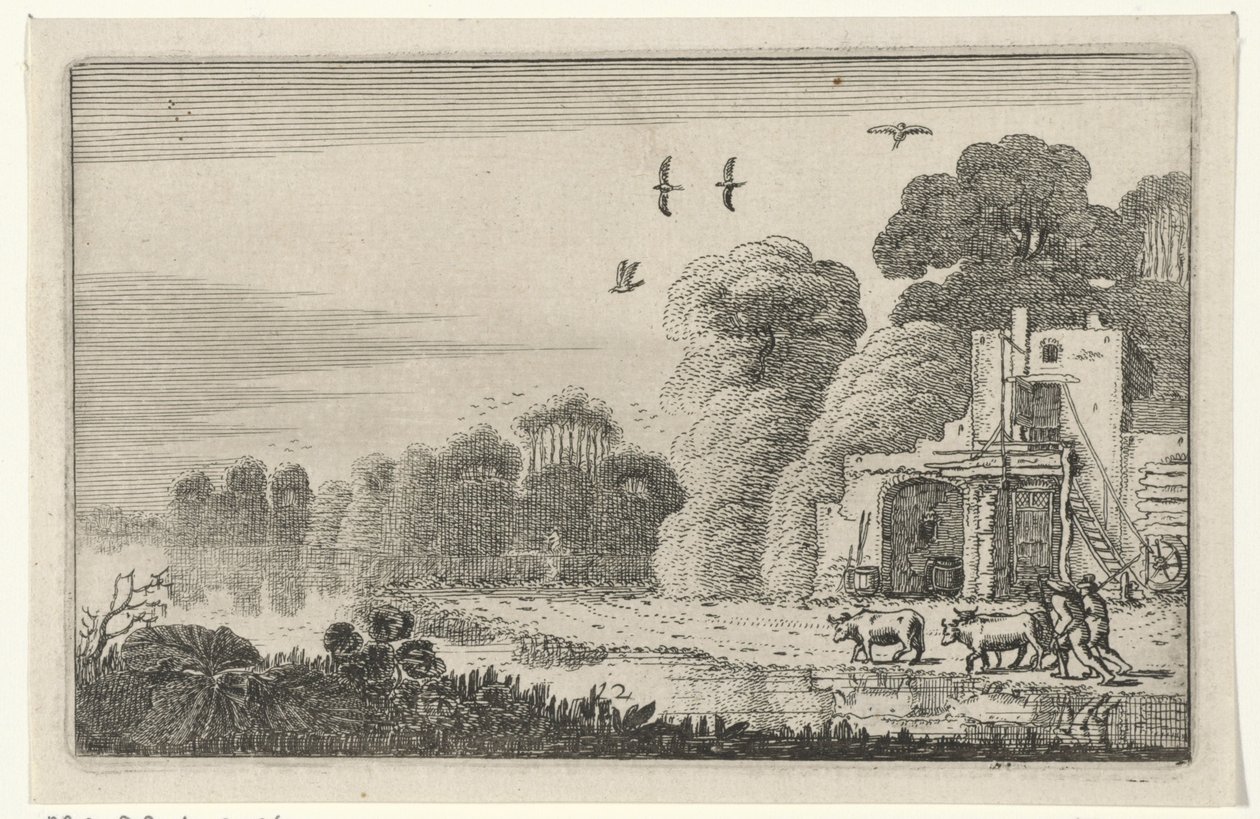 Figuren met koeien bij een ruïne Ruiner (serietitel) (serietitel) af Jan van de Velde (II)