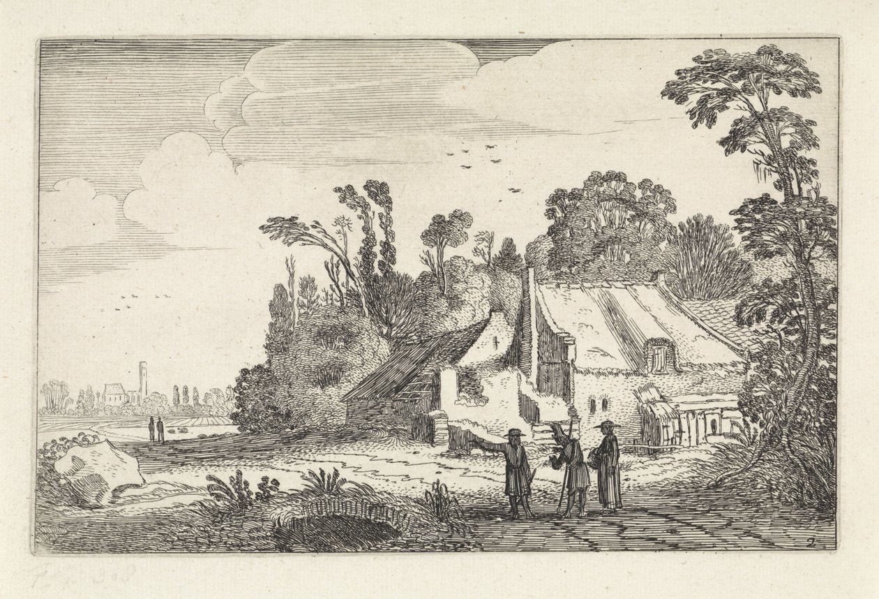 Figurer på en landevej ved en gård Landskaber (serietitel) Amenissimae aliquot requculae (serietitel) af Jan van de Velde (II)
