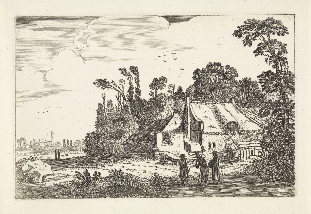 Figurer på en landevej ved en gård Landskaber (serietitel) Amenissimae aliquot requculae (serietitel) af Jan van de Velde (II)