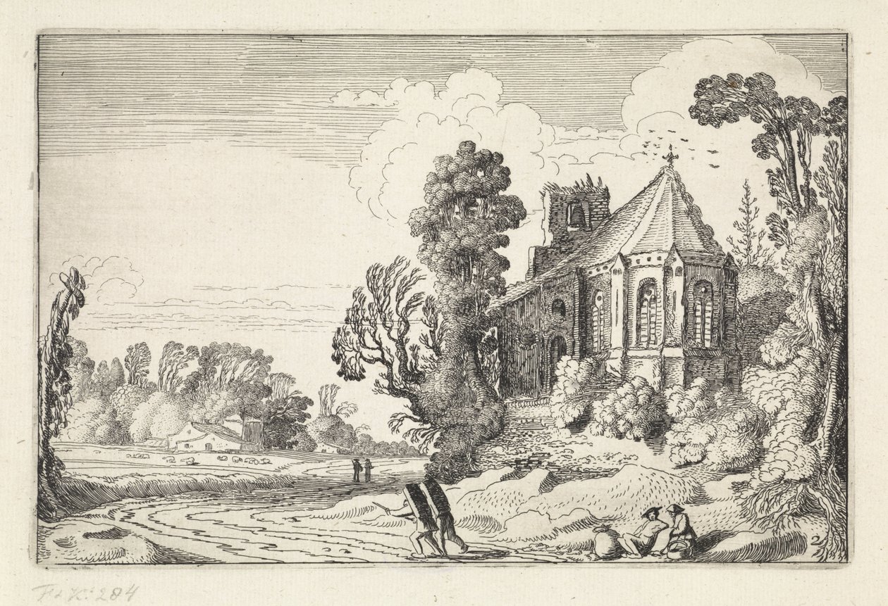 Figurer på en landevej nær en kirkeruin Landskaber (serietitel) Amenissimae aliquot requculae (serietitel) af Jan van de Velde (II)