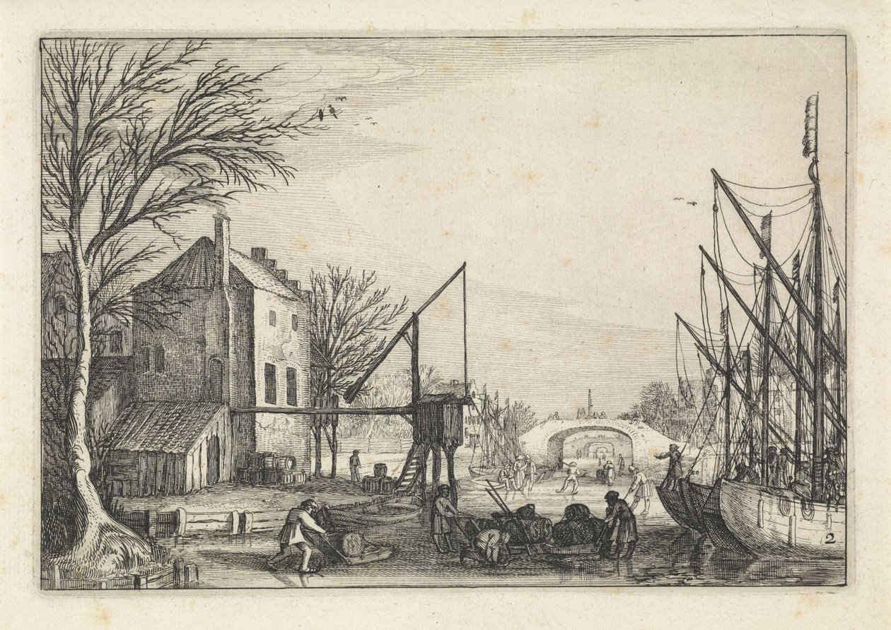 Figurer på isen på et bryggeri Landskaber (serietitel) Amenissimae aliquot requculae (serietitel) af Jan van de Velde (II)
