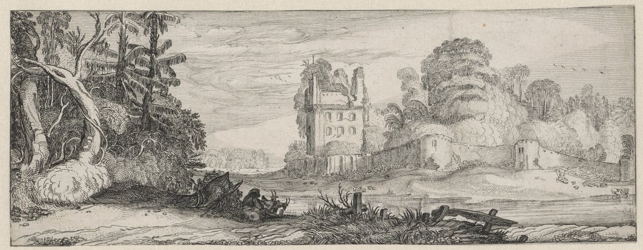 Udsigt over et ødelagt hus nær en mur Landskaber og ruiner (serietitel) Amoenissimae aliquot Regiunculae (serietitel) af Jan van de Velde (II)