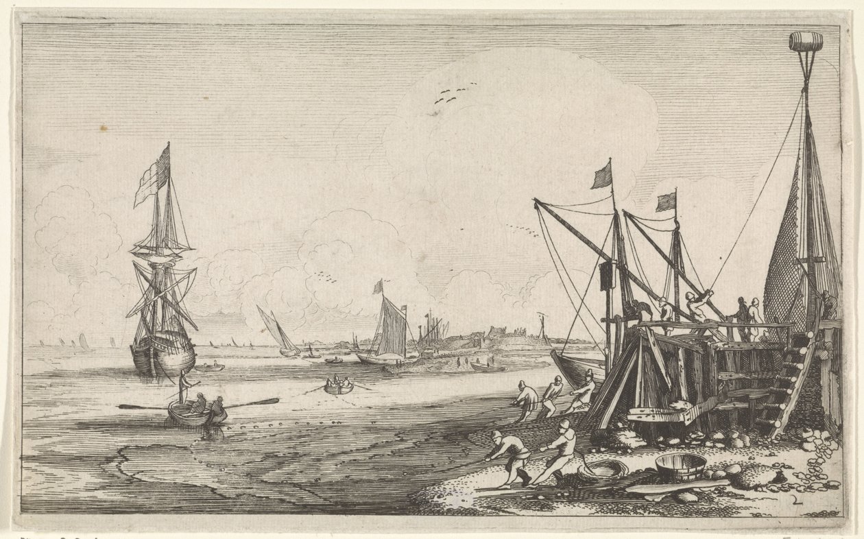 Havnehoved med fiskere, der hiver deres garn ind Seascapes (serietitel) af Jan van de Velde (II)