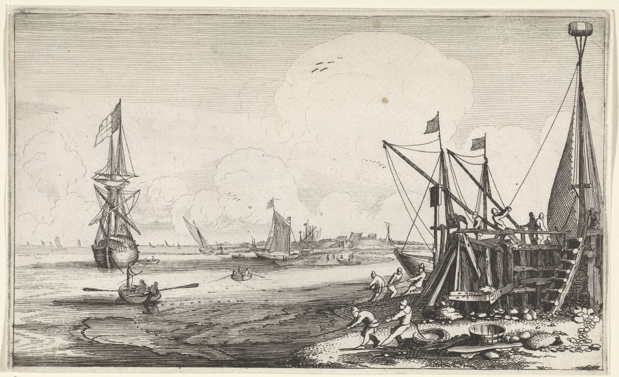 Havnehoved med fiskere, der trækker deres garn ind Seascapes (serietitel) af Jan van de Velde (II)