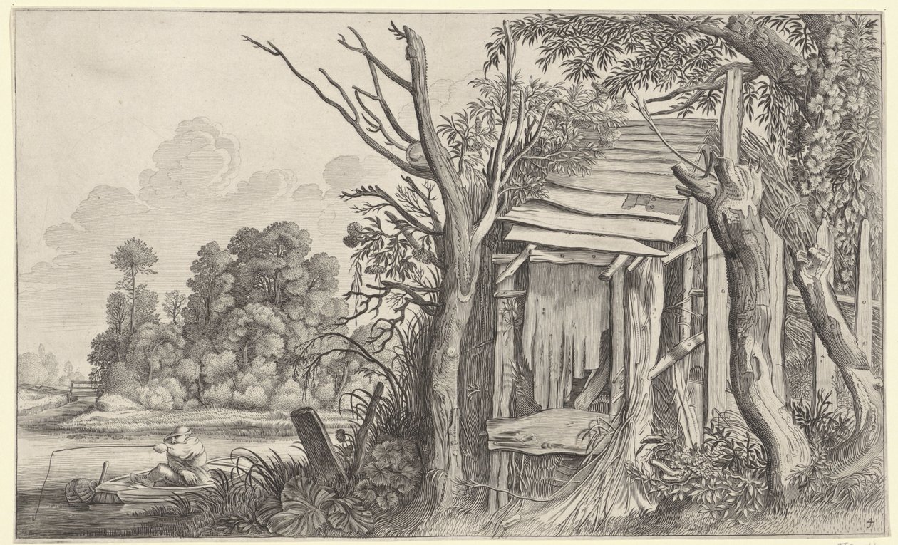 Lystfisker ved en faldefærdig hytte i et landskab Landskaber efter Pieter de Molijn (serietitel) af Jan van de Velde (II)