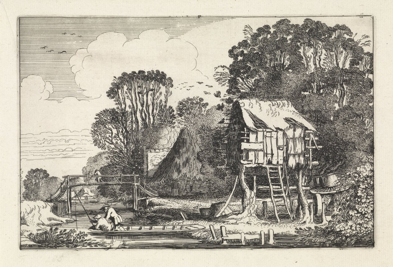Lystfiskere i en båd nær en svalegang Landskaber (serietitel) Amenissimae aliquot requculae (serietitel) af Jan van de Velde (II)