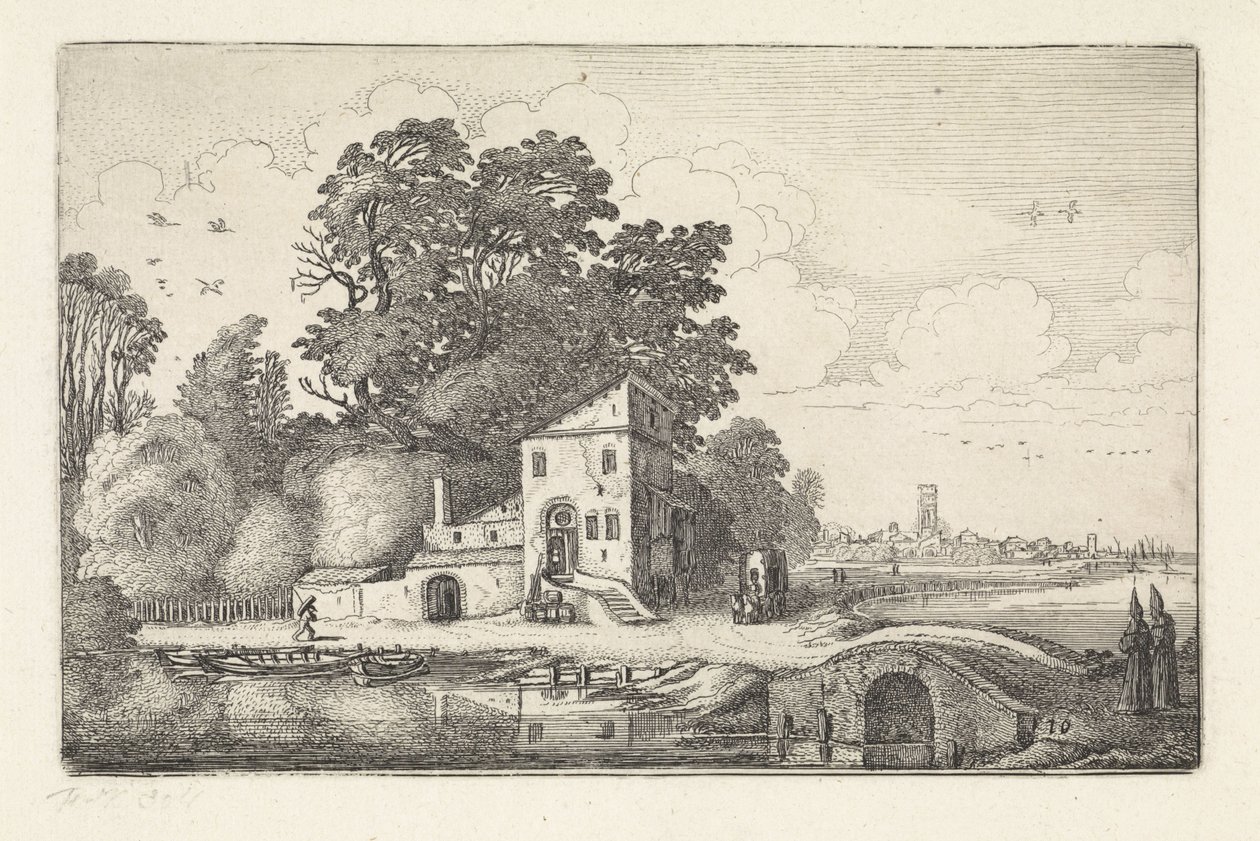 Hus ved en stenbro i et flodlandskab Landskaber (serietitel) Amenissimae aliquot requculae (serietitel) af Jan van de Velde (II)