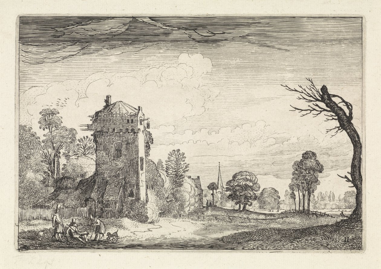 Jægere med hunde ved et tårn i et landskab Landskaber (serietitel) Amenissimae aliquot requculae (serietitel) af Jan van de Velde (II)