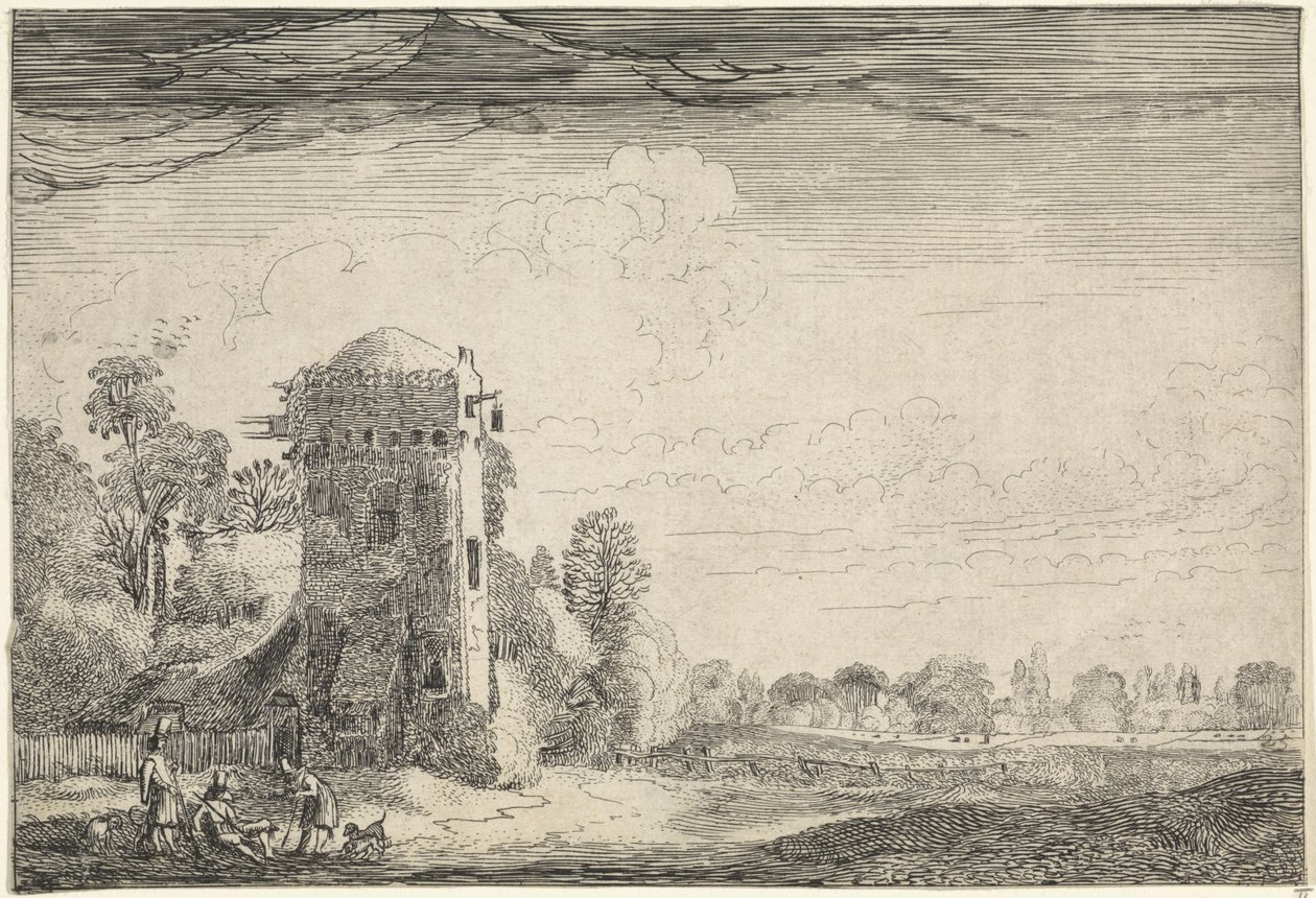 Jægere med hunde ved et tårn i et landskab Landskaber (serietitel) Amenissimae aliquot requculae (serietitel) af Jan van de Velde (II)