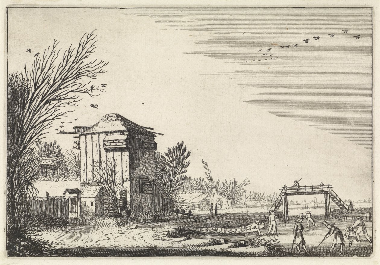 Flaske spillere på isen ved et svaleslag Landskaber (serietitel) Amenissimae aliquot requculae (serietitel) af Jan van de Velde (II)