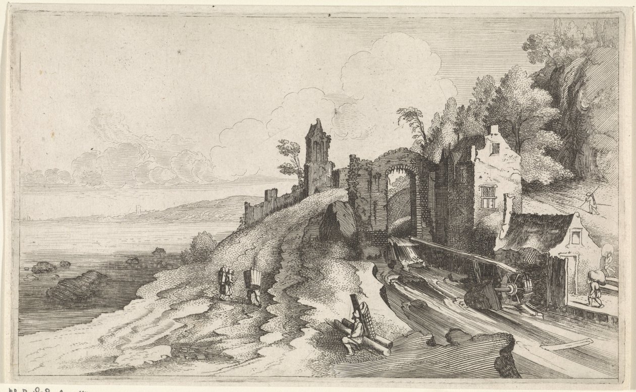 Kystlandskab med en vandmølle Seascapes (serietitel) af Jan van de Velde (II)