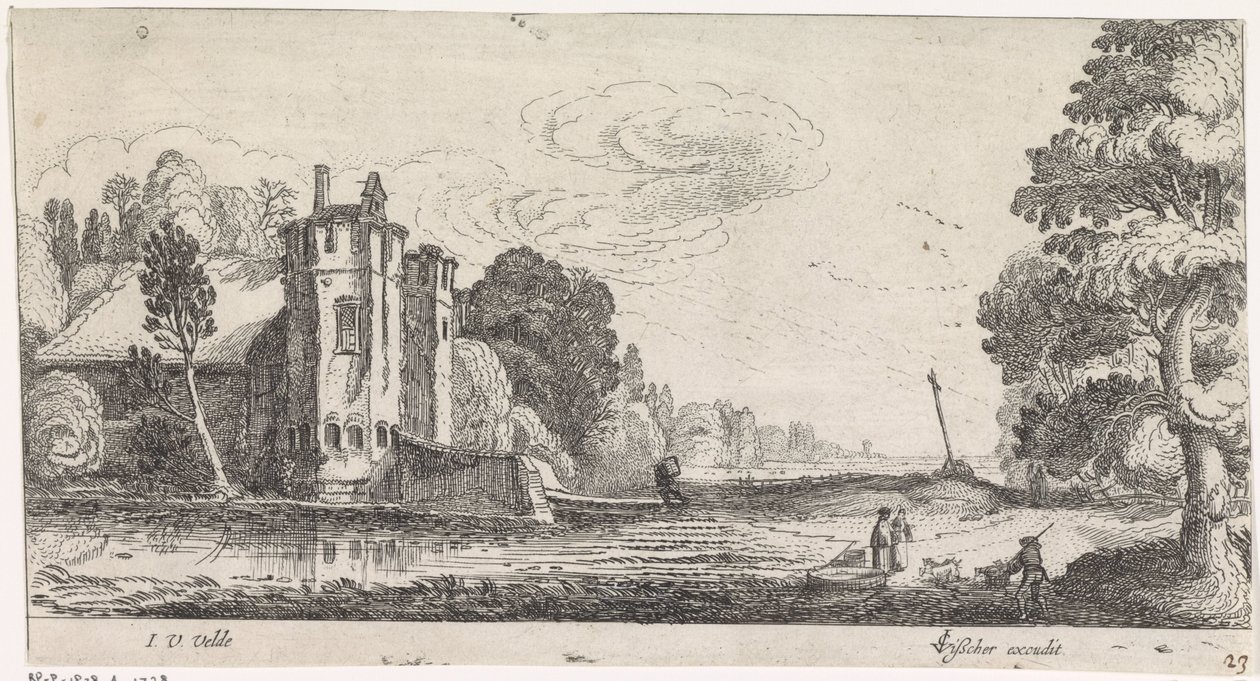 Landskab med figurer ved et befæstet hus med to tårne af Jan van de Velde (II)