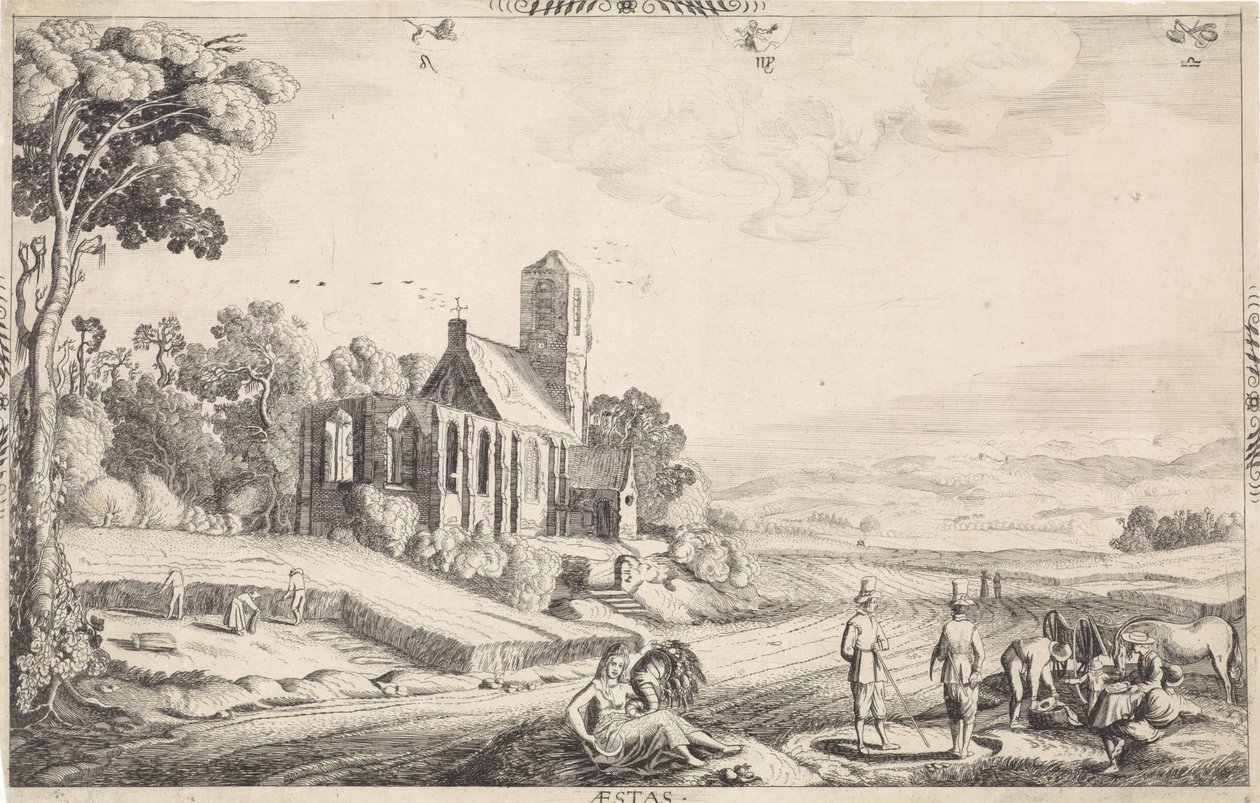 Landskab med kornhøst Aestas (titel på objekt) af Jan van de Velde (II)