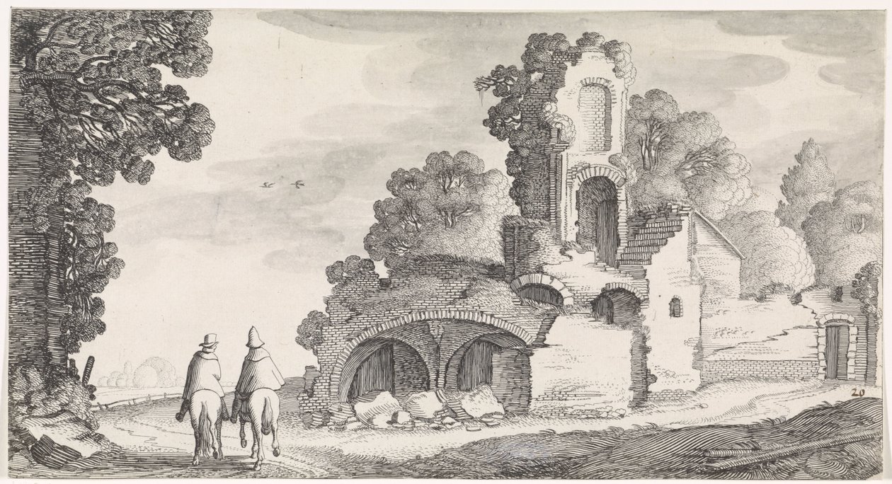 Landskab med ruin og to ryttere Playsante landskaber og sjove ansigter (serietitel) af Jan van de Velde (II)