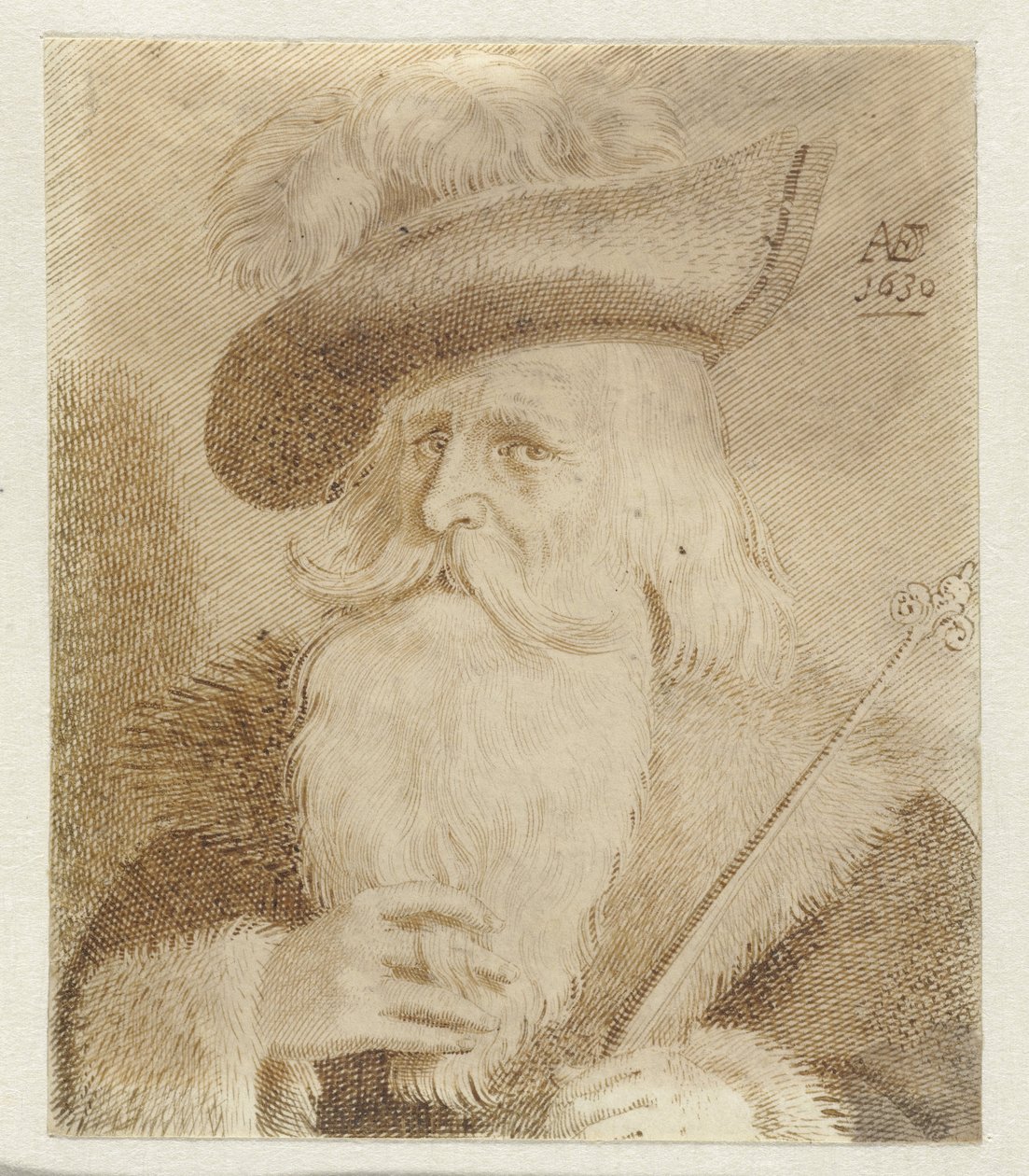 Mand med pelskrave, hat og stav af Jan van de Velde (II)
