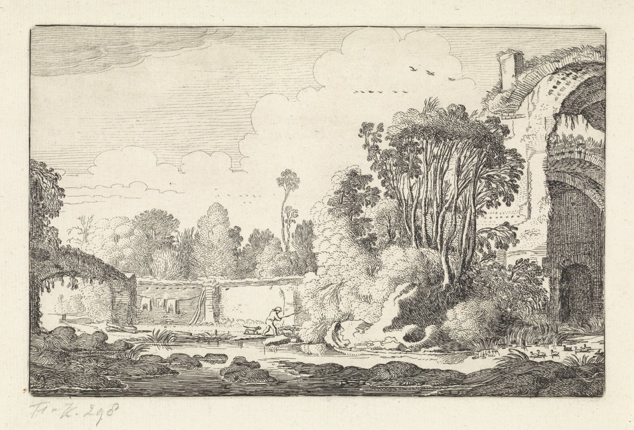 Mand med en hund ved en ruin Landskaber (serietitel) Amenissimae aliquot requculae (serietitel) af Jan van de Velde (II)