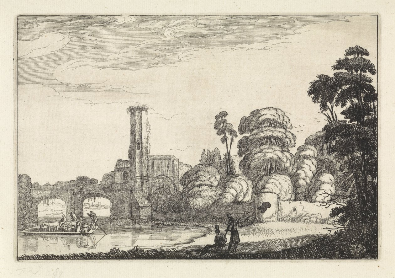Pont ved en bro og en ruin Landskaber (serietitel) Amenissimae aliquot requculae (serietitel) af Jan van de Velde (II)