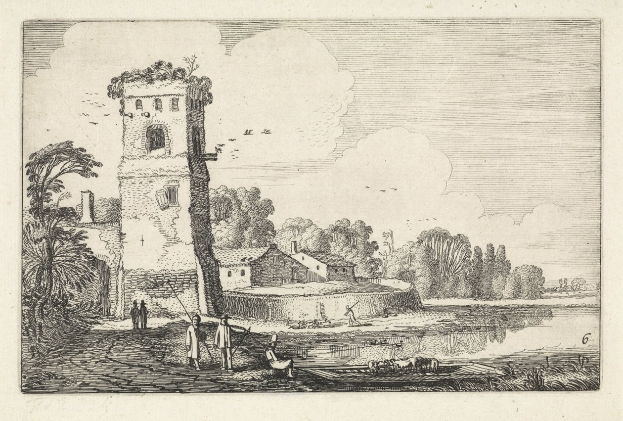 Pont med får ved et tårn i et flodlandskab Landskaber (serietitel) Amenissimae aliquot requculae (serietitel) af Jan van de Velde (II)