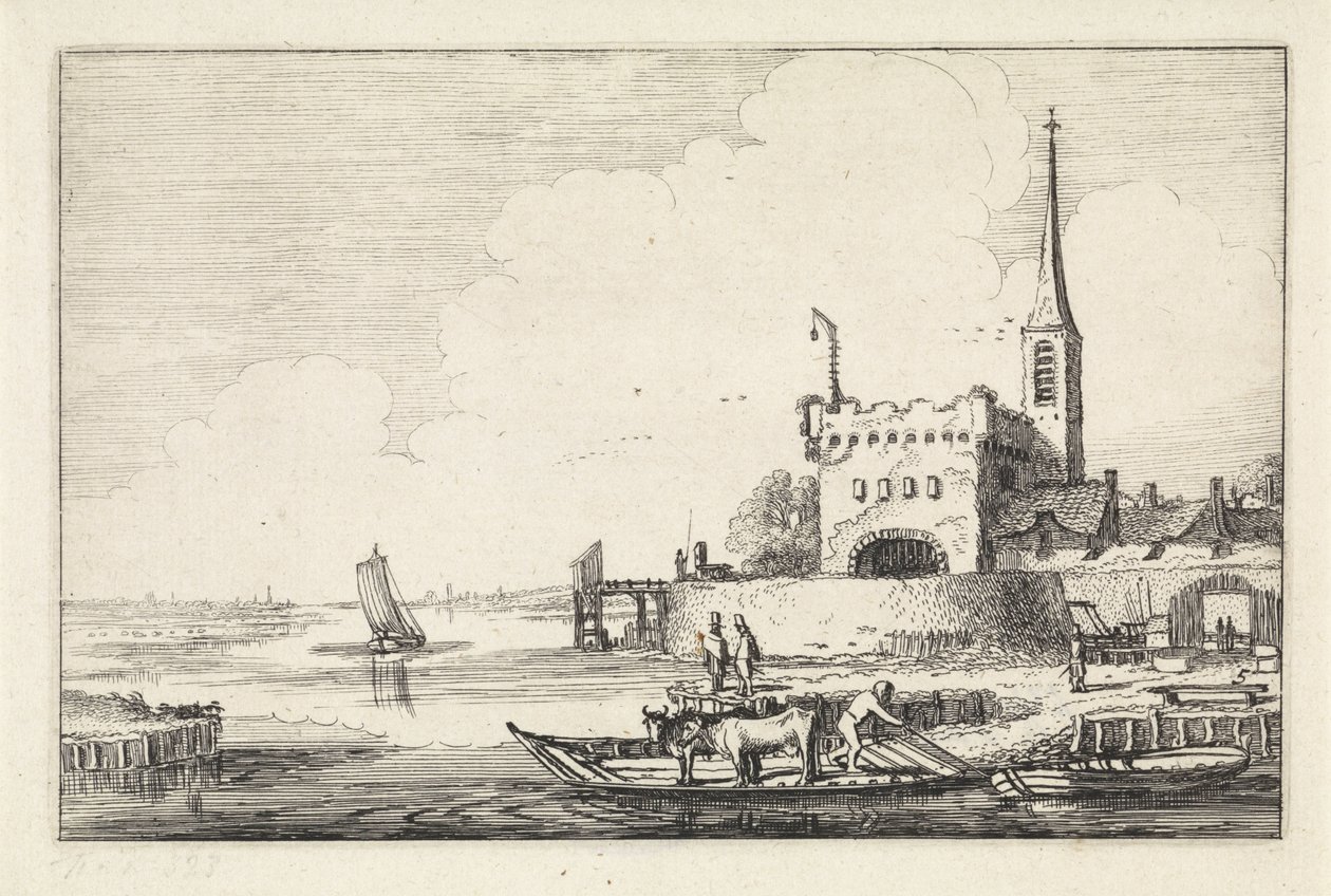 Pont med kvæg ved et fort i et flodlandskab Landskaber (serietitel) Amenissimae aliquot requculae (serietitel) af Jan van de Velde (II)