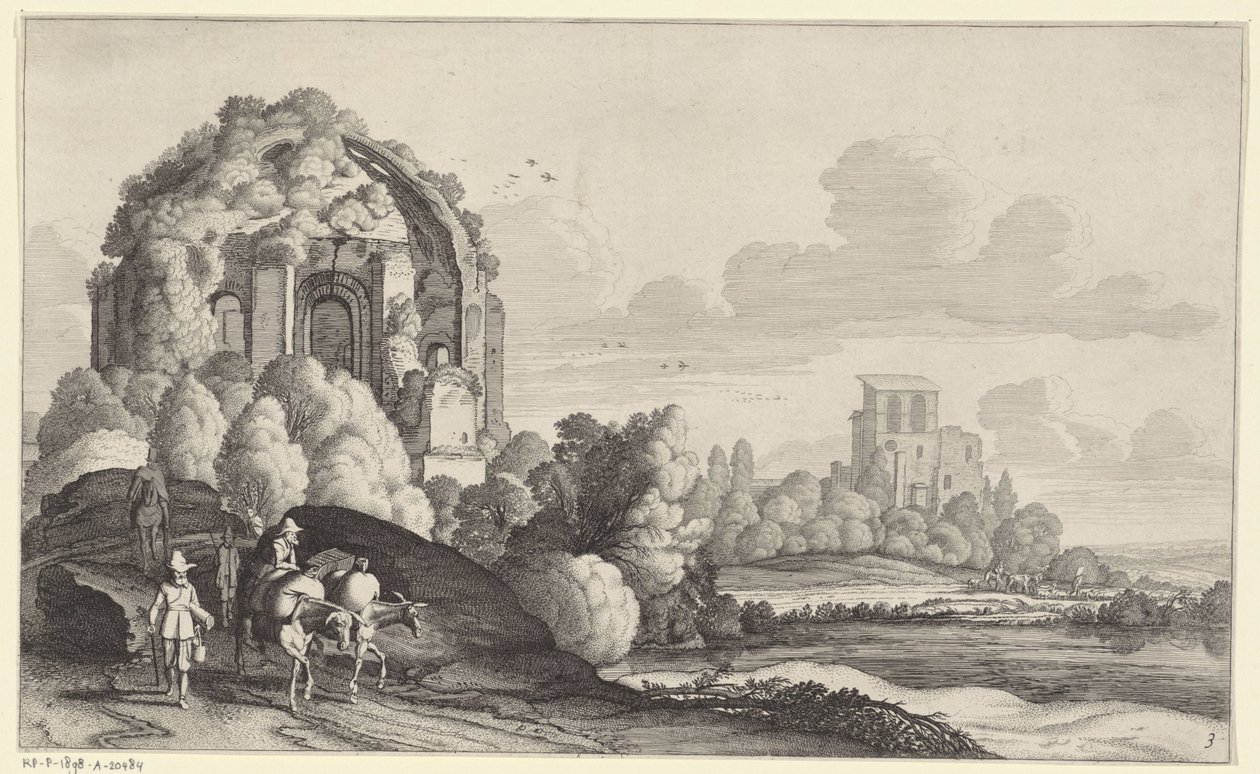 Rejsende ved Temple of Minerva Medica i Rom Landskaber efter Pieter de Molijn (serietitel) af Jan van de Velde (II)