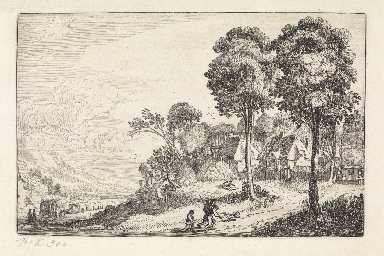 Rejsende på en sti nær en landsby Landskaber (serietitel) Amenissimae aliquot requculae (serietitel) af Jan van de Velde (II)