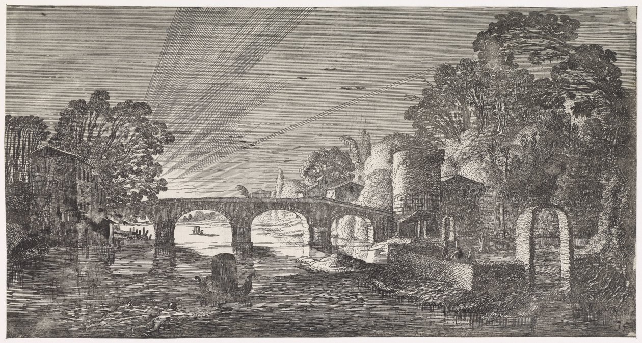 Udsigt over floden ved solnedgang Legende landskaber og underholdende digte (serietitel) af Jan van de Velde (II)