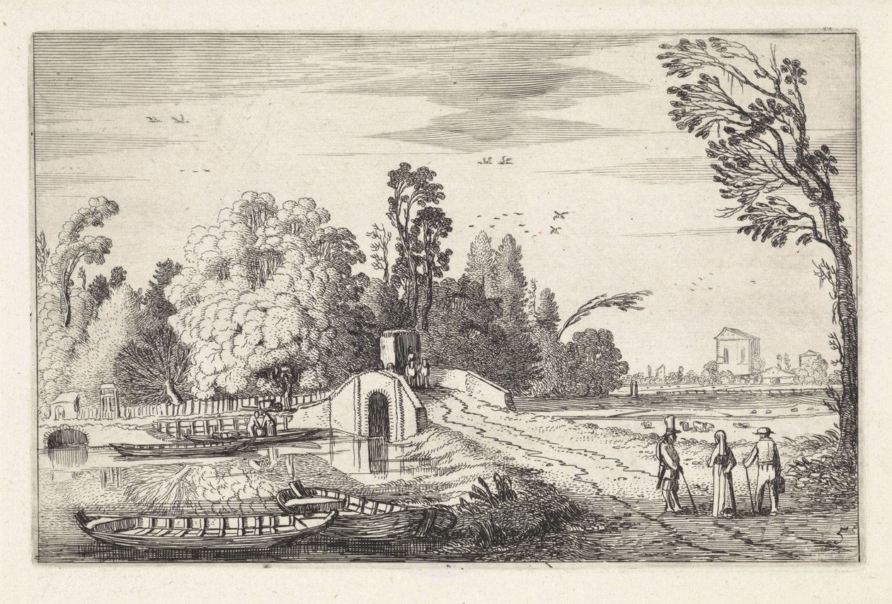 Flodlandskab med en stenbro Landskaber (serietitel) Amenissimae aliquot requculae (serietitel) af Jan van de Velde (II)