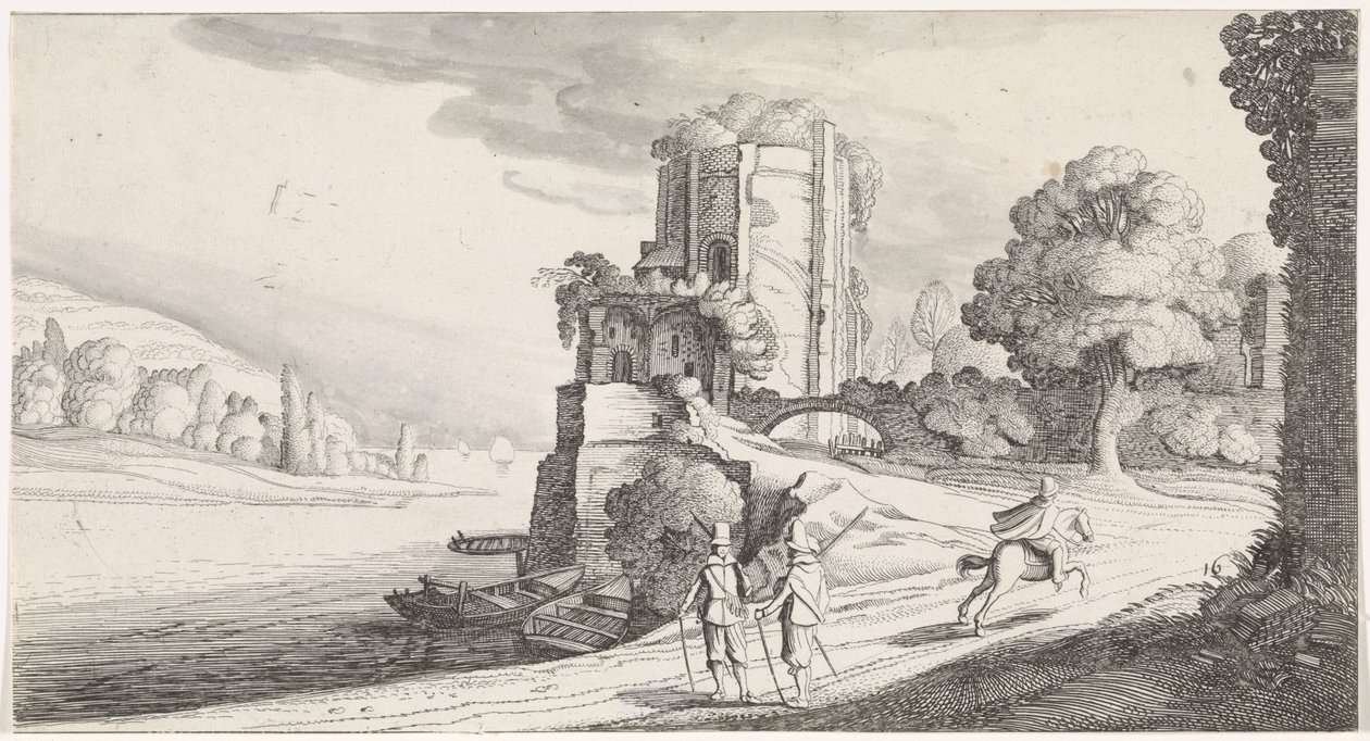 Rundetårn ved en flod Plaisante landskaber og underholdende digte (serietitel) af Jan van de Velde (II)