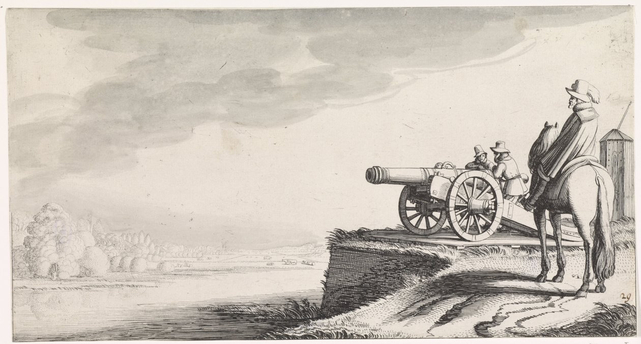 Rytter og to soldater ved en kanon på en flodbred Playsante landskaber og underholdende seværdigheder (serietitel) af Jan van de Velde (II)