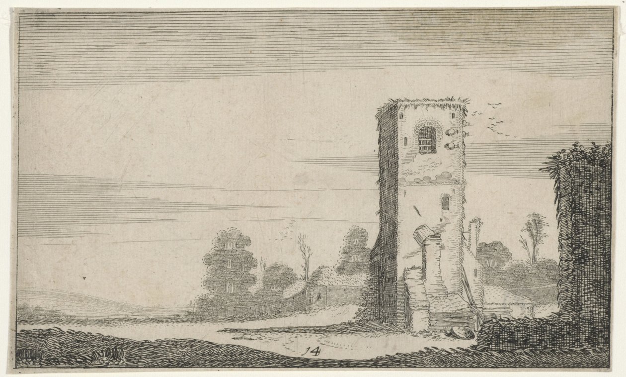 Ruïne af en toren i et landskab Ruiner (serietitel) (serietitel) af Jan van de Velde (II)