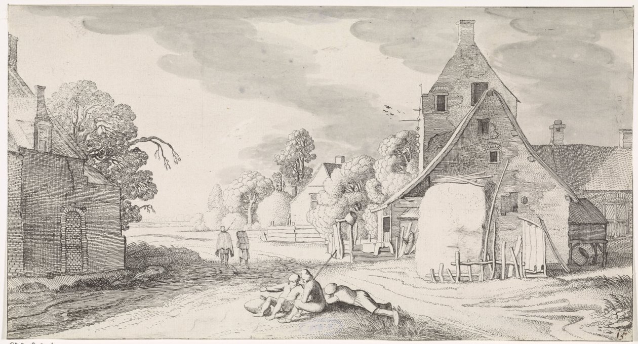 Bønder hviler langs en vej i en landsby Playsante landskaber og underholdende seværdigheder (serietitel) af Jan van de Velde (II)