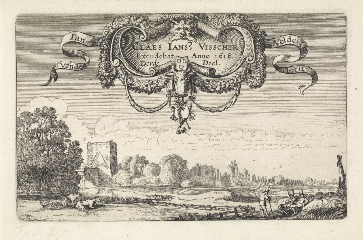 Hvilende figurer i et landskab med køer og et tårn Landskaber (serietitel) Amenissimae aliquot requculae (serietitel) af Jan van de Velde (II)