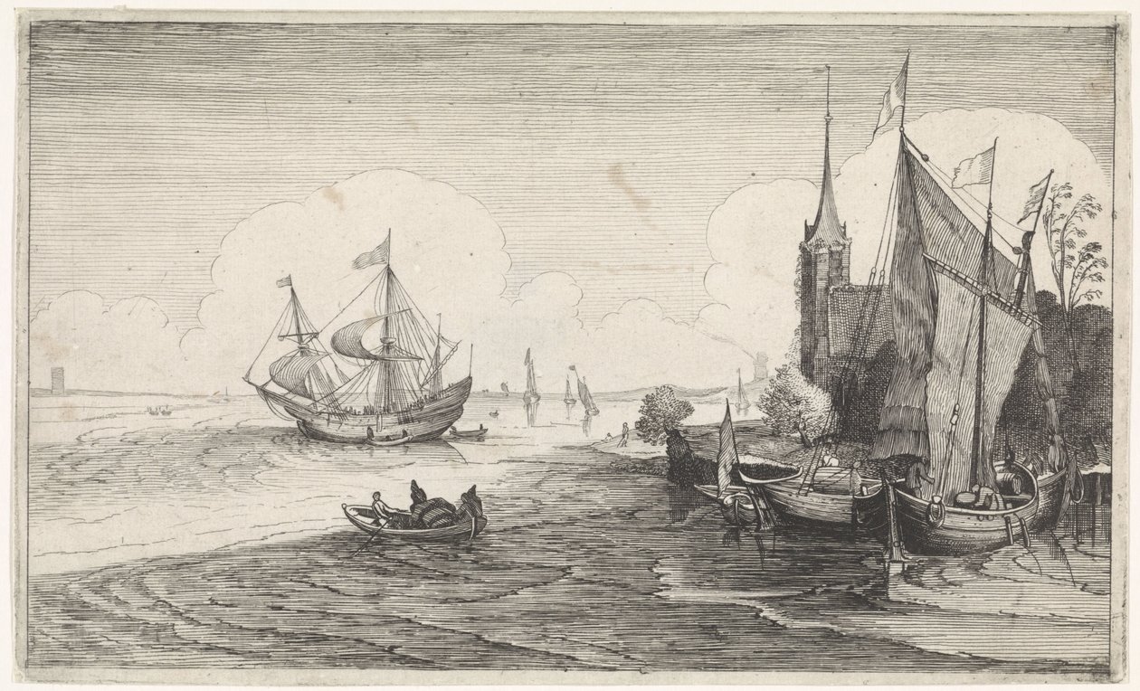 Skibe ud og kyst ved en kirke Seascapes (serietitel) af Jan van de Velde (II)