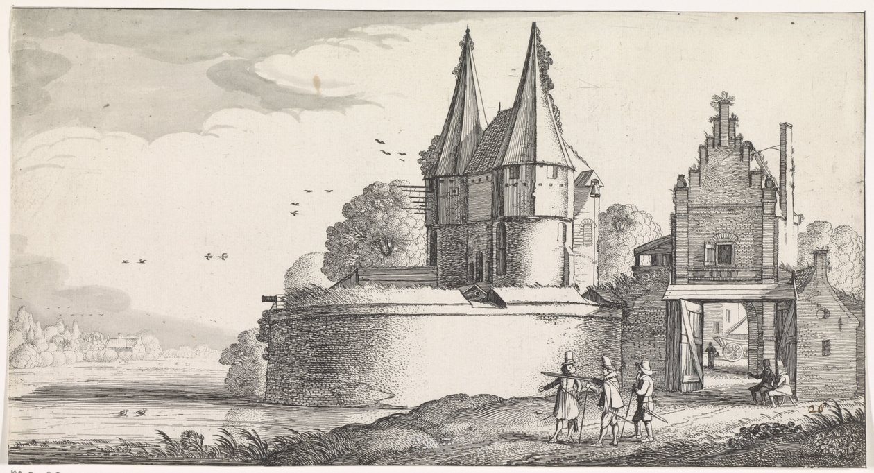 Soldater ved en fæstning og byport ved en flod Playsante landskaber og underholdende seværdigheder (serietitel) af Jan van de Velde (II)