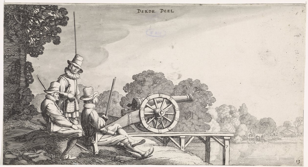Soldater ved en kanon på en flodbro Playsante landskaber og sjove ansigter (serietitel) af Jan van de Velde (II)