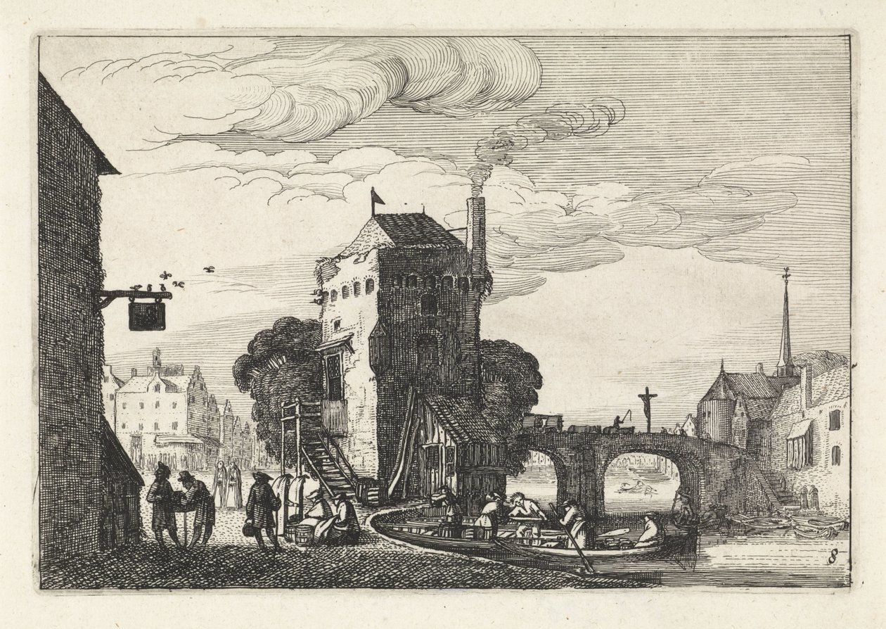 Bybillede med en bro over en flod Landskaber (serietitel) Amenissimae aliquot requculae (serietitel) af Jan van de Velde (II)