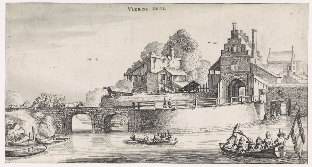Byport med bro over vandet Playsante landskaber og sjove ansigter (serietitel) af Jan van de Velde (II)