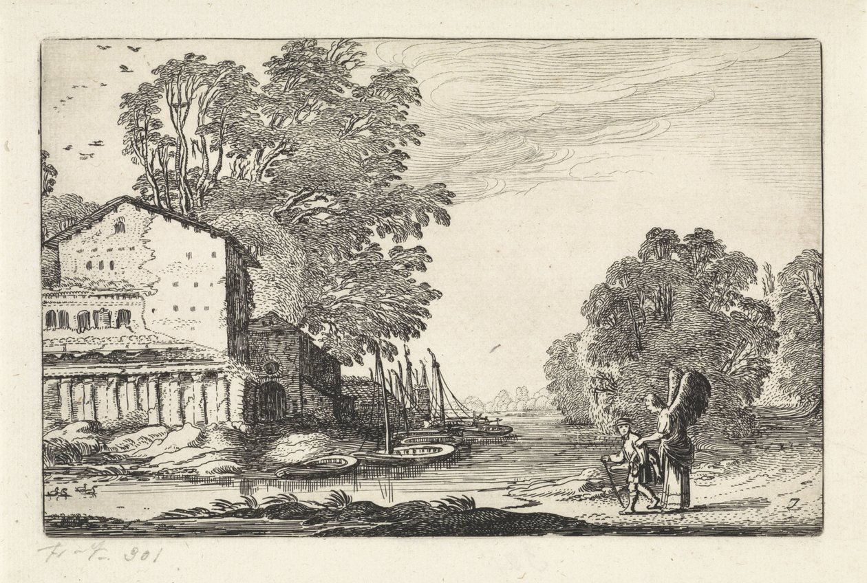 Tobias og englen i et landskab med en ruin Landskaber (serietitel) Amenissimae aliquot requculae (serietitel) af Jan van de Velde (II)