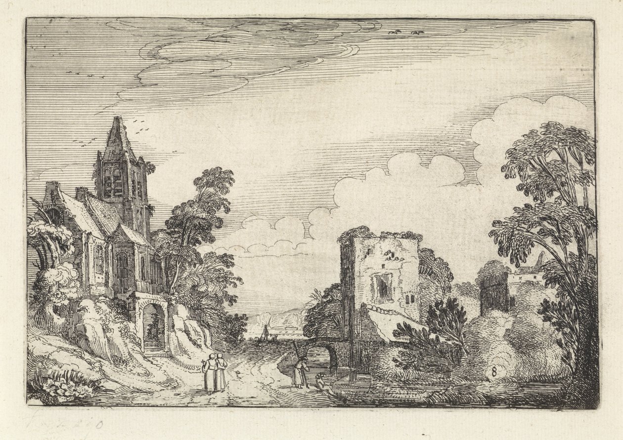 Tårn og en kirke i et landskab Amenissimae aliquot requculae (serietitel) Landskaber (serietitel) af Jan van de Velde (II)