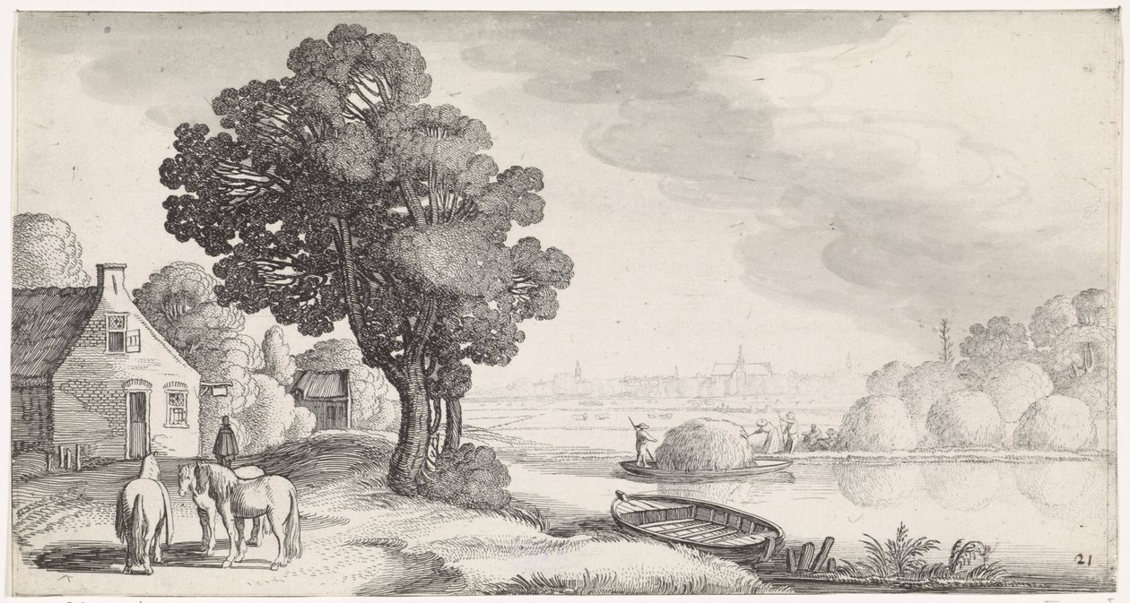Høtransport på en flod med Haarlem i det fjerne Playsante landskaber og sjove ansigter (serietitel) af Jan van de Velde (II)