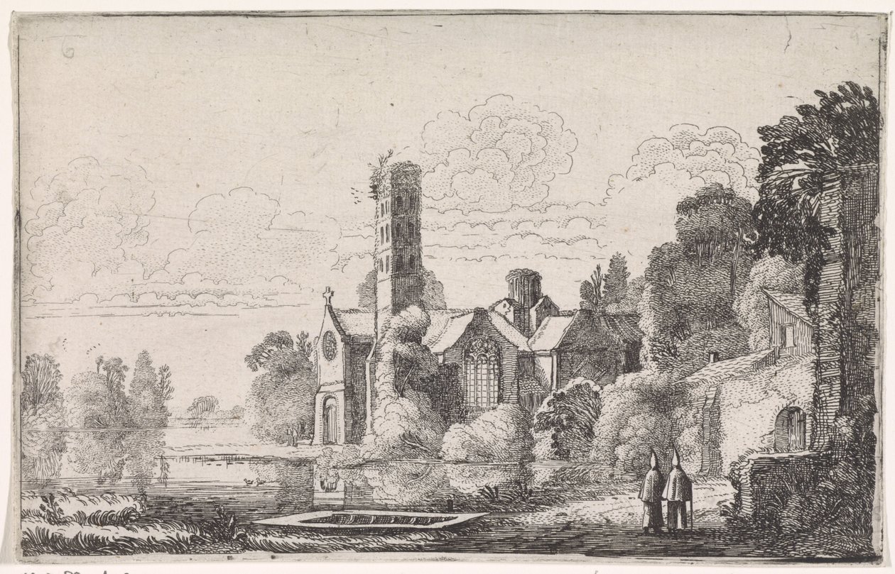 To munke ved et kloster i et flodlandskab Flodlandskaber (serietitel) af Jan van de Velde (II)