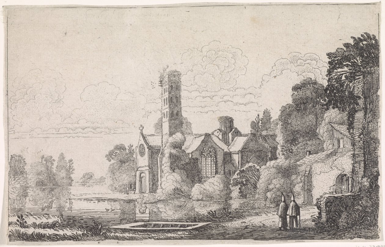 To munke ved et kloster i et flodlandskab Flodlandskaber (serietitel) af Jan van de Velde (II)