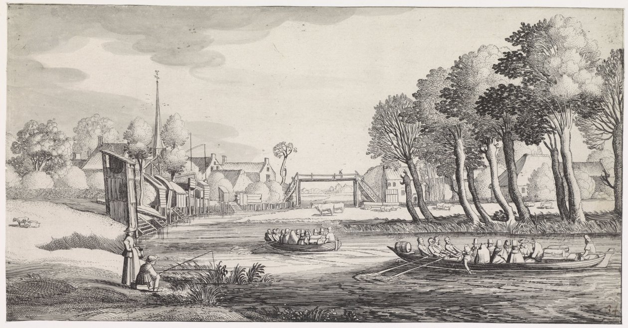 To robåde på en flod nær en landsby Playsante landskaber og sjove ansigter (serietitel) af Jan van de Velde (II)