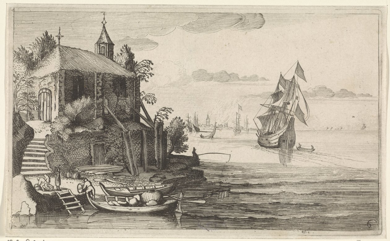 To-mester ved en kyst med et kapel Seascapes (serietitel) af Jan van de Velde (II)