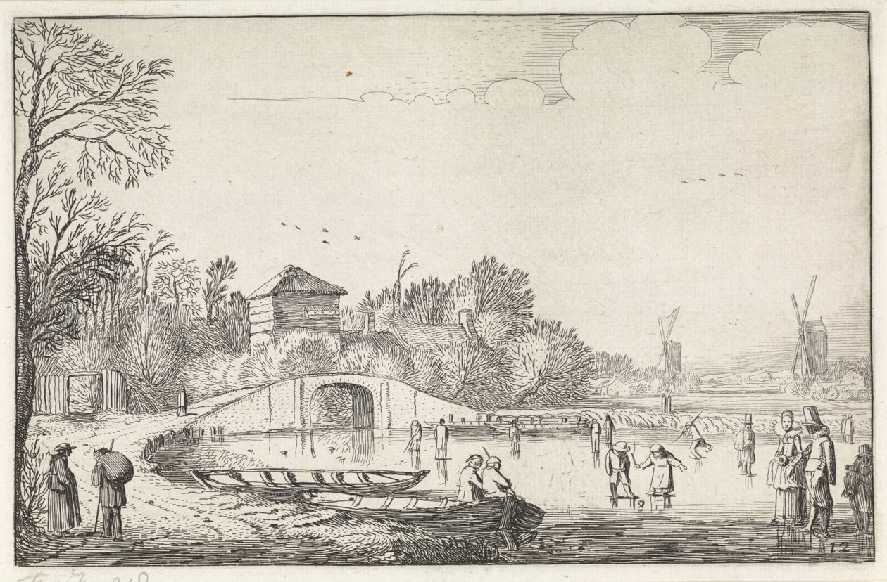 Vinterlandskab med skatere ved en bro Landskaber (serietitel) Amenissimae aliquot requculae (serietitel) af Jan van de Velde (II)