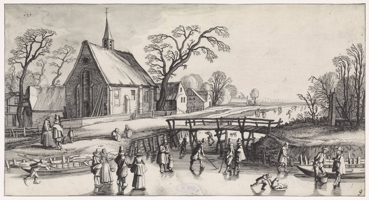 Vinterlandskab med skatere nær en landsby Playsante landskaber og sjove ansigter (serietitel) af Jan van de Velde (II)