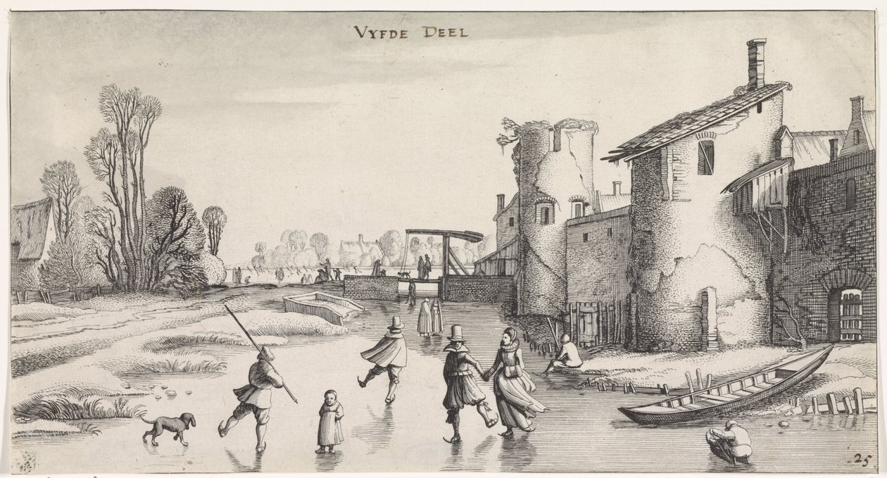 Vinterlandskab med skatere ved en bymur Behagelige landskaber og underholdende seværdigheder (serietitel) af Jan van de Velde (II)